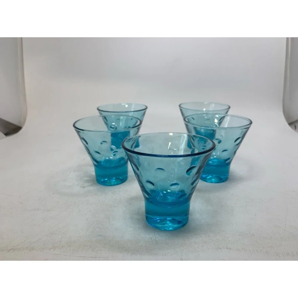 5 VTG FOOTED LIGHT BLUE CORDIAL GLASSES W/ EMBOSSED CIRCLES 3 
